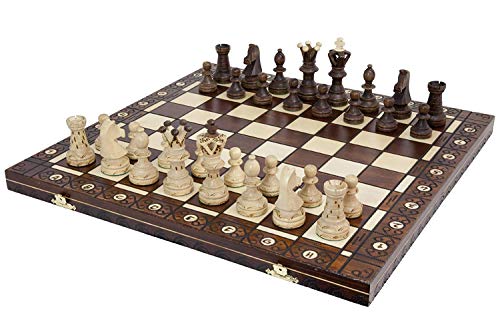 Wegiel Handmade European Ambassador Chess Set - Wooden 21 Inch Beech & Birch Board with Felt Base - Carved Hornbeam & Sycamore Wood Chess Pieces - color: Ambassador - Brown