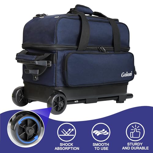 Goloni Double Roller 2 Ball Bowling Bag with Separate Shoe Compartment,2 Ball Bowling Bag with Wheels,Retractable Handle Extends to 40" - color: Dark Blue
