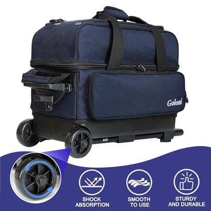 Goloni Double Roller 2 Ball Bowling Bag with Separate Shoe Compartment,2 Ball Bowling Bag with Wheels,Retractable Handle Extends to 40" - color: Dark Blue
