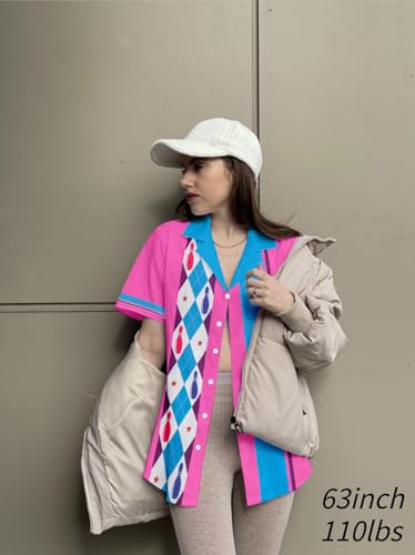 Bowling Shirts Women Hawaiian Bowling Shirt Bowling Lover Gift Tops Bowler Button Down Short Sleeve Tee - color: Pink, size: Medium