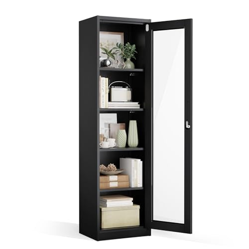 VINGLI Lockable Display Cabinet with Glass Door & 4 Adjustable Shelves, 65" Tall Metal Storage Cabinet Curio Liquor, Bookshelf Bookcase for Home Office Living Room Pantry Garage (Black) - color: Black, size: 65" Glass Door Cabinet (Single Door)