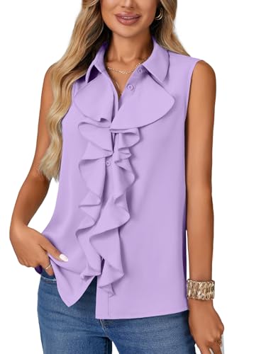 Vrtige Women's Summer Tank Top Button Down Ruffle Front Collar Neck Sleeveless Blouse Shirt Top - color: Light Purple, size: XX-Large