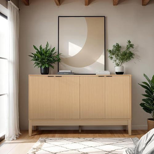 Best Choice Products 55" Modern 4-Door Sideboard Storage Cabinet, Buffet, Media Cabinet, Cupboard, Entryway Accent Table, Bookcase w/Reed Panels and Adjustable Shelves – Natural - color: Natural