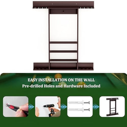Wall Mounted Pool Cue Rack, Bamboo Billiards Sticks Holder for 8 Cue Sticks, Organizes Full Set of Balls and Pool Table Accessories, Dark Brown - color: Dark Brown