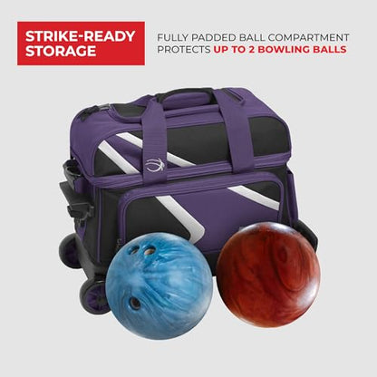 BSI Dash Roller Bowling Bag with Smooth Rolling Wheels, Padded Ball Compartment, Retractable Locking Handle, & Shoe Pocket - color: Black/Purple/White, style: Double