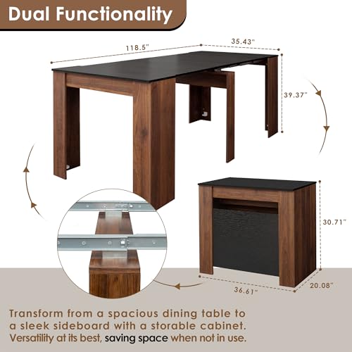 20"-118" Extendable Dining Table for 2-12 People, Modern Modular Extension Table, Space-Saving Extra Long Multifunctional Folding Dining Table, Walnut&Black - color: Black & Walnut, style: 20" - 118.5" (2-12 People)