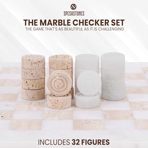 Marble Checkers Set 15 Inches Handmade White and Travertine Checkers Board Game with Checker Pieces - Board Games for Adults, Game Table Accessories, Gifts & Home Décor