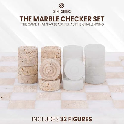 Marble Checkers Set 15 Inches Handmade White and Travertine Checkers Board Game with Checker Pieces - Board Games for Adults, Game Table Accessories, Gifts & Home Décor