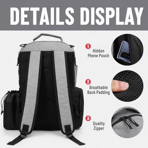 Disc Golf Bag, Durable Disc Golf Backpack Holds 22+ Discs, Large Capacity with Multiple Storage Pockets - color: Grey