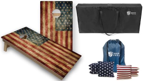 Tournament Grade Tailgating Pros Regulation Cornhole Boards Flag Set - Includes 8 Bean Bags, Carrying Cases, and 4'x2' Corn Hole Toss Game - color: Distressed Flag