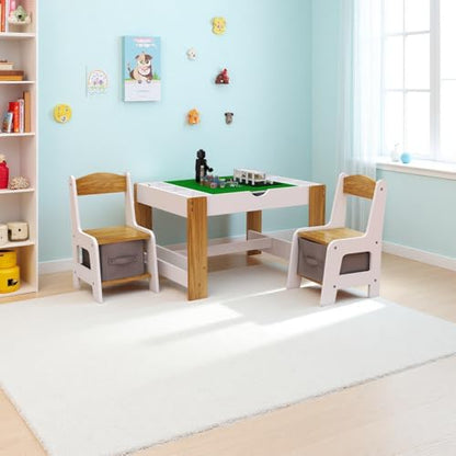 3 in 1 Play Table & 2 Chairs Set, Gaming Table with 7 Storage Compartments Compatible with LEGO Building Block, Modern Activity Learning Table Game Furniture, White+Green - size: 32''×23'' with chairs set