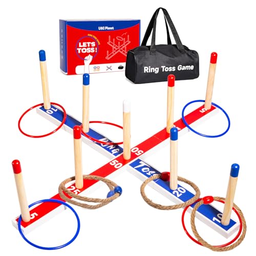 Indoor Outdoor Toys Games Upgraded Large Wooden Ring Toss Game Yard Games for Kids, Lawn Outdoor Games for Family with 10 Plastic Ring and 10 Ropes,1 Carry Bag