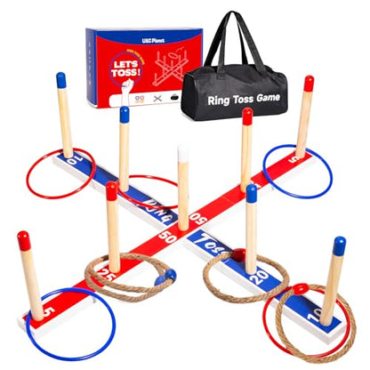 Indoor Outdoor Toys Games Upgraded Large Wooden Ring Toss Game Yard Games for Kids, Lawn Outdoor Games for Family with 10 Plastic Ring and 10 Ropes,1 Carry Bag