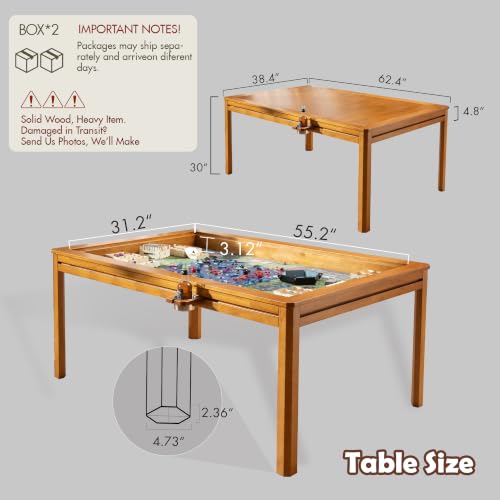 Solid Wood Board Game Table with Removable Table Top for 4–6 Players,Gaming Table and Dining Includes Play Mat and Detachable Cup Holders with 55" x 31" Play Area (Oak) - color: Oak