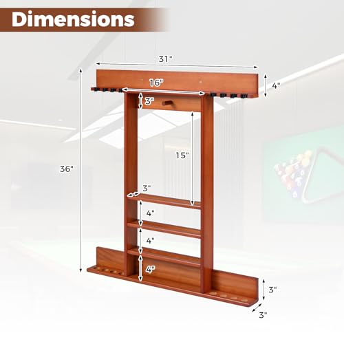 Goplus Pool Cue Rack, Wall Mounted Billiard Stick Holder, Made of Solid Pine Wood, Holds 8 Cues & Full Ball Set & 1 Ball Rack, Compact Billiards Accessories for Club, Bar (Brown)