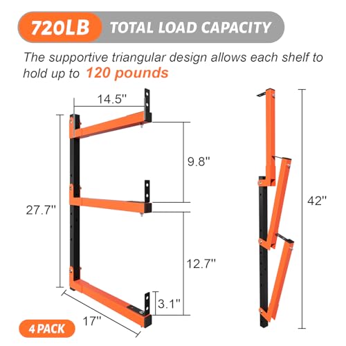 27" Lengthened Lumber Storage Rack, 6-Hole Adjustable Wall Mount Wood Organizer Storage Metal Shelves for Garage (4 Pack) - style: 4 Pack