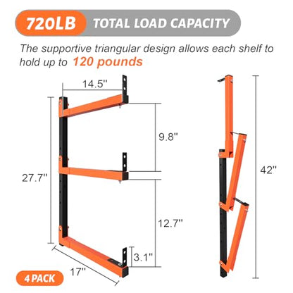 27" Lengthened Lumber Storage Rack, 6-Hole Adjustable Wall Mount Wood Organizer Storage Metal Shelves for Garage (4 Pack) - style: 4 Pack