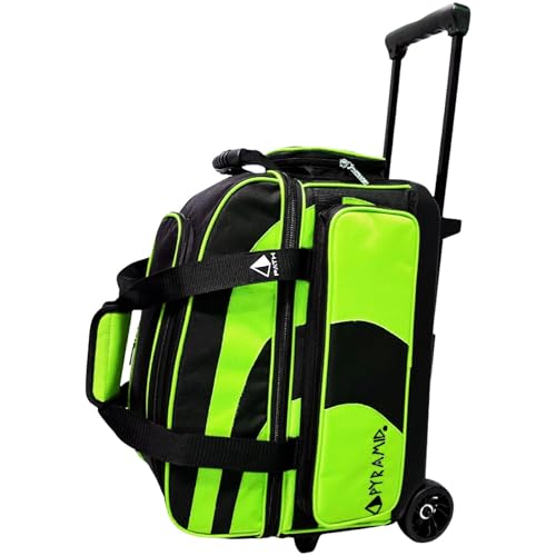 Pyramid Deluxe Double Roller 2 Ball Bowling Bag with Large Separate Shoe Compartment (Up To 2 Pairs Of Shoes) and Accessory Pockets, Sturdy Square Handle - Extends to 40" - Pro Options Available - color: Pro Black/Lime Green