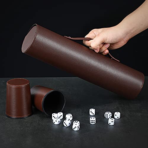 Leather Dice Cup Set, 5 Black Dice Cups + 25 Dices + Exclusive Storage and Transport Case Made of Faux Leather (Brown x2) - color: Brown X2