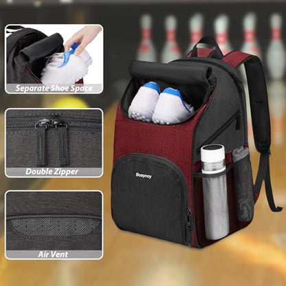 Bosynoy Bowling Backpack, Bowling Ball Bag Totes for Single Ball with Shoe Compartment & Foam Padded, Fits Shoes Up to US Mens Size 16, Grey - color: Red