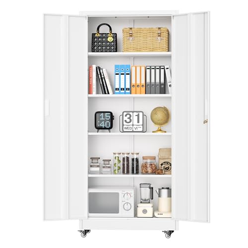 Superday 73" Metal Storage Cabinet with Wheels, Lockable Steel Utility Cabinet with 2 Doors and 4 Adjustable Shelves, Rolling Storage Cabinets for Garage, Home Office, Kitchen Pantry, White - color: White, size: 73" with Wheels