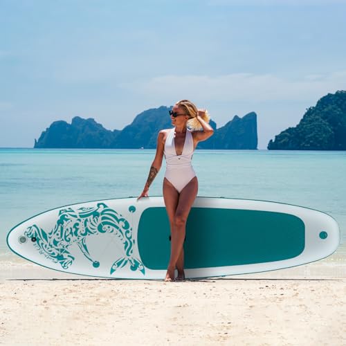 FEATH-R-LITE Inflatable Paddle Board Stand Up Paddleboards for Adults SUP with Premium Accessories Pump, Adjustable Paddle, Leash, Three Fins, Backpack - style: Green