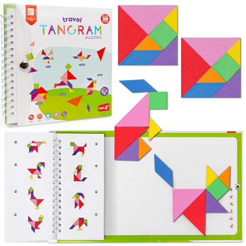 Travel Tangram Puzzle with 2 Sets Magnetic Jigsaw Boards & 368 Patterns and Solutions, Montessori STEM Airplane & Road Trip Games, Educational Brain Teaser Toy Gift for Kids & Adults