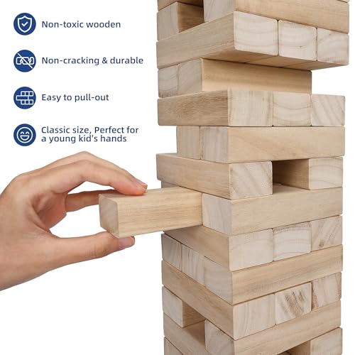 Offelec Tumbling Tower Blocks Games,Large Wooden Blocks Stacking Game for Kids Adults Family Classic Stacking Board Games for Indoor Outdoor Backyard Lawn Stack to Over 3.2Ft- 60pcs with Carrying Bag - style: Over 3.2Ft