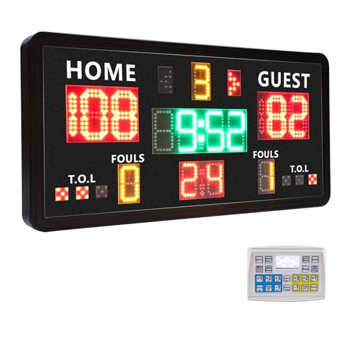 Large Electronic Scoreboard with Panel Control,Wall-Mounted Digital Scoreboard & Timer,Basketball Shot Clock 14/24 Second & Custom Time,Score Keeper with LED Display, 110dB Loud Buzzer