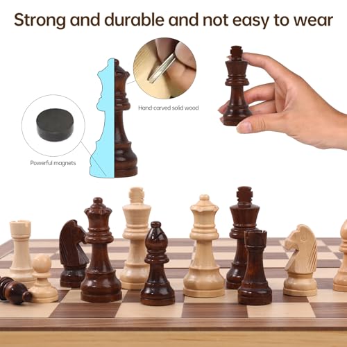 Ajedrez Magnetic Wooden Chess Set with Staunton Pieces, 15" Solid Wood Folding Chess Board with 2 Extra Queens, Internal Storage Slots for Adults Kids, Gift Box - color: Natural Wood Color