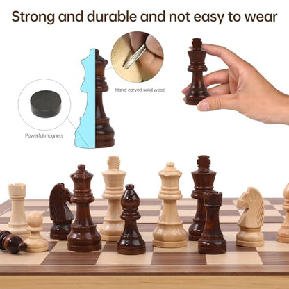 Ajedrez Magnetic Wooden Chess Set with Staunton Pieces, 15" Solid Wood Folding Chess Board with 2 Extra Queens, Internal Storage Slots for Adults Kids, Gift Box - color: Natural Wood Color