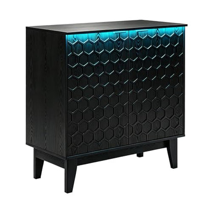 Black Sideboard Cabinet with LED Lights, 2-Door Accent Storage Cabinet with Hexagon Embossed Door, Freestanding Buffet Cabinet for Living Room, Kitchen, Entryway, 31.5" x 15.8" x 31.5"