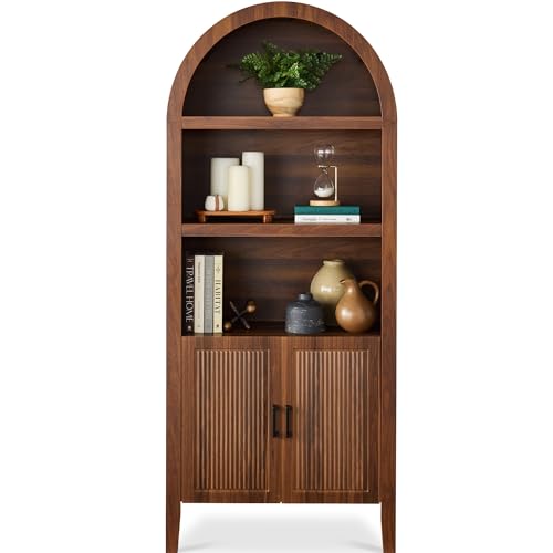 Best Choice Products 72" Tall Arched Pantry Cabinet w/Reeded Doors, 5-Tier Bookshelf, Armoire, Hutch, Bookcase, Storage Cabinet w/Adjustable Shelves, for Dining Room and Livingroom - Walnut - color: Large - Walnut