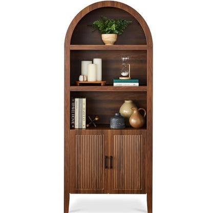 Best Choice Products 72" Tall Arched Pantry Cabinet w/Reeded Doors, 5-Tier Bookshelf, Armoire, Hutch, Bookcase, Storage Cabinet w/Adjustable Shelves, for Dining Room and Livingroom - Walnut - color: Large - Walnut