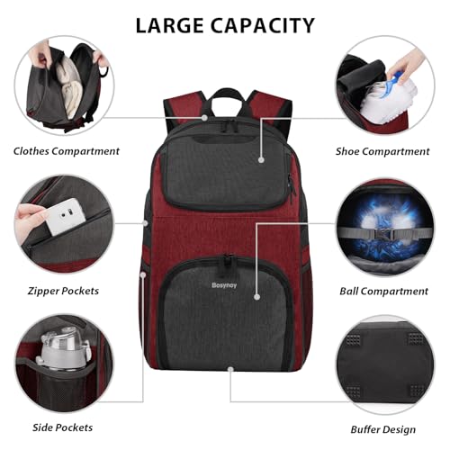 Bosynoy Bowling Backpack, Bowling Ball Bag Totes for Single Ball with Shoe Compartment & Foam Padded, Fits Shoes Up to US Mens Size 16, Grey - color: Red