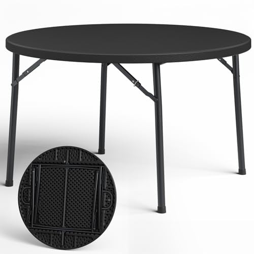Round Folding Table, 48" Round Card Table with Foldable Steel Legs, Heavy Duty Plastic Banquet Table for Outdoor Party, Event, Kitchen, Black - color: Black, size: 48" Dia