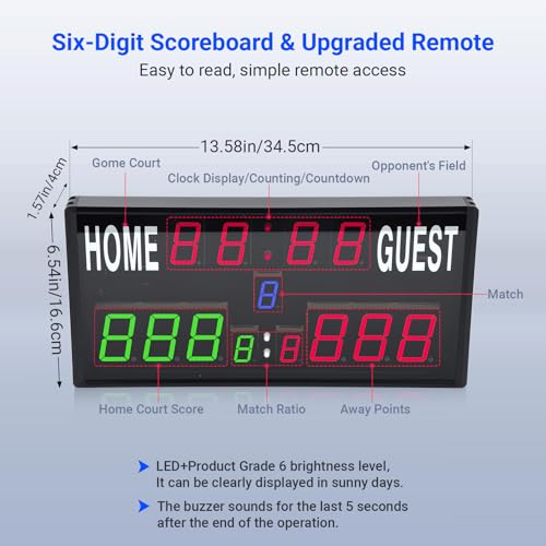 Samshow 2025 LED Electronic Scoreboard Digital Score Keeper with Remote, Basketball Scoreboard with Shot Clock & Timer & 12/24h Real Time for Football/Corn Hole/ping Pong/Table Tennis - style: 2025 6 digital led scoreboard-no tripod