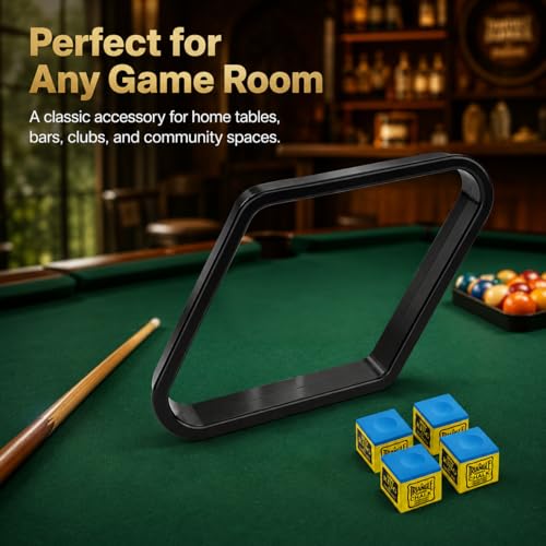 Black 9 Ball Triangle Rack with 4 Chalk Cubes, Standard 2-1/4" Pool Ball Diamond Rack Set, Durable Plastic Billiard Ball Rack and Premium Low-Dust Billiard Chalk, Complete Pool Table Accessories Kit