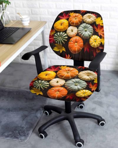 Savannan Office Chair Cover, Thanksgiving Pumpkin Fall Red Maple Leaf Protective Stretch Elastic Universal Cover for Desk Task Chair,Computer Rotating Chair 1 Pcs Farmhouse Wood Grain