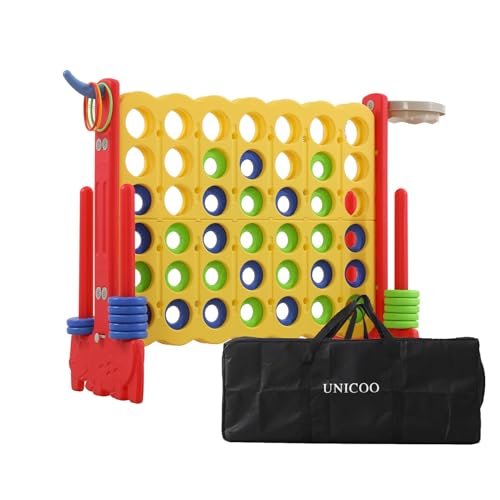 UNICOO Giant 4-in-a-Row Game with Carry Bag, 3-in-1 Jumbo 4-to-Score Outdoor Yard Game with Basketball Hoop, Ring Toss, Quick-Release Slider, 42 Rings, Family Party Game for Kids & Adults - color: Red + Yellow