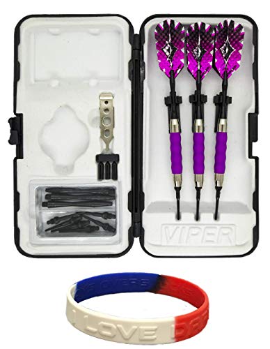 Sure Grip Viper Purple Soft Tip Darts with Dart Case & Accessories Choice of Flights 16 or 18 Grams Plus I Love Darts Bracelet (Dimplex Metallic, 18)