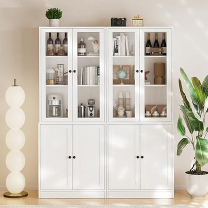 TUSY 71" TV Stand Storage Set - 2 Tall Bookcases & 2 Side Cabinets, Media Console with Glass & Wood Doors, Entertainment Center with Drawers, Tall Media Console for Living Room (White, AEEA) - color: White