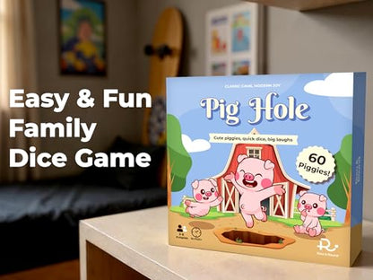 Row & Round Wooden Pig Hole Boardgame – Classic Wood Game for Party Gathering Tabletop Dice Games with Solid Board with PLA Satin 60 Piggies for Table or Outdoor & Indoor 7.28x7.28x1.57 Inch