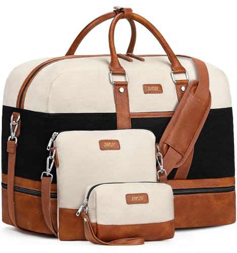 Weekender Bag for Women, Large Overnight Bag Canvas Travel Duffel Bag Carry On Tote with Shoe Compartment 21" 3Pcs Set - color: A11-brown+beige+black