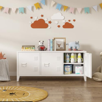 MIOCASA TV Stand 3 Door Metal Storage Locker Cabinet with Shelves for Living Room, Bedroom，Office(White) - color: White-1