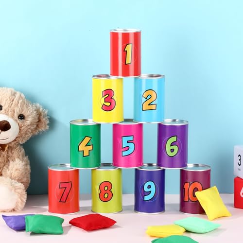13 Pcs of Bean Bag Toss Game Carnival Knockdown Can Throwing Game Sets 10 Tin Cans with Letter or Number Pattern and 3 Bean Bag for Kids Holiday Easter Party Outdoor Lawn Yard Activity - style: Comic Style