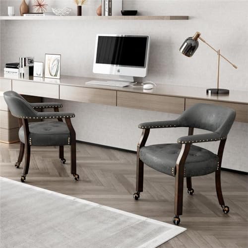 Set of 4 Dining Chair with Casters, Accent Captains Chairs with Wheels & Arms,Wheeled Roller Wood Chairs for Kitchen & Game Poker Table,Espresso&Grey 318GY(NO Table!) - color: Espresso&grey