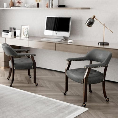 Set of 4 Dining Chair with Casters, Accent Captains Chairs with Wheels & Arms,Wheeled Roller Wood Chairs for Kitchen & Game Poker Table,Espresso&Grey 318GY(NO Table!) - color: Espresso&grey