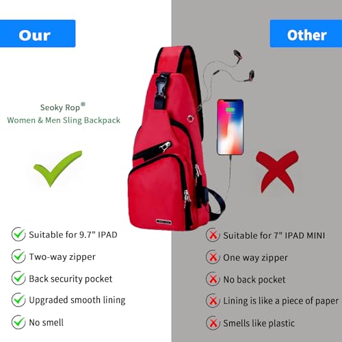 Seoky Rop Men Women Sling Backpack Nylon Water Resistant Shoulder Chest Crossbody Sling Bag with USB Charging Port - color: Watermelon Red