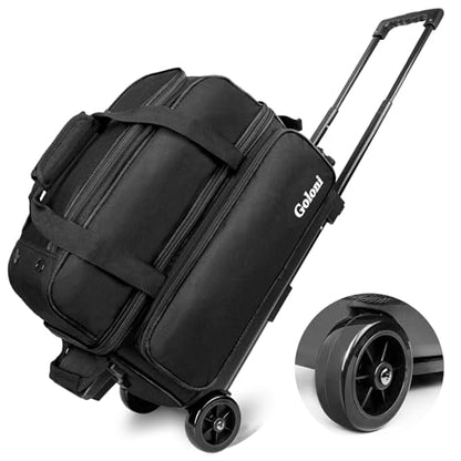 Goloni Double Roller 2 Ball Bowling Bag with Separate Shoe Compartment,2 Ball Bowling Bag with Wheels,Retractable Handle Extends to 40" - color: Black